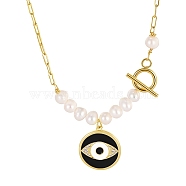 Brass Micro Pave Cubic Zirconia Pendant Necklaces, with Enamel and Natural Pearl Beads, Flat Round with Evil Eye, Golden, 17.71 inch(45cm)(NJEW-SZ0001-02G)