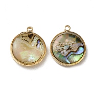 Natural Paua Shell Resin Pendants, with Brass Findings, Flat Round Charms, Golden, 16.5x14x4mm, Hole: 1.4mm(KK-F865-23G)