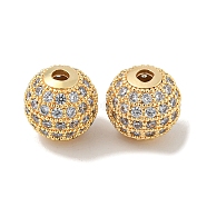Brass Micro Pave Clear Cubic Zirconia Beads, Round, Real 18K Gold Plated, 10x9.5mm, Hole: 2mm(ZIRC-R113-01D-G)