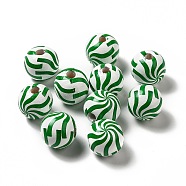 Christmas Theme Printed Natural Wooden Beads, Round with Vortex Pattern, Green, 16x14.5mm, Hole: 3.5mm(WOOD-L020-A01)