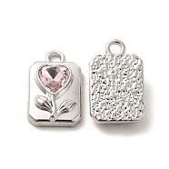 Glass Rectangle with Heart Pendants, with Platinum Alloy Finding, Long-Lasting Plated, Cadmium Free & Lead Free, Pink, 17x10.5x5mm, Hole: 2mm(PALLOY-E024-30P-03)