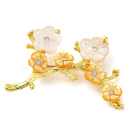 Peach Blossom Flower Natural Dyed White Shell Brooches for Women, with Real Gold Plated Brass Branch, Gold, 29x48x9.5mm(JEWB-E031-03G-01)