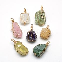 Natural Mixed Stone Pendants, with Brass Wire, Nuggets, Golden, 35~45x20~30x20~25mm, Hole: 4mm(G-R435-19)