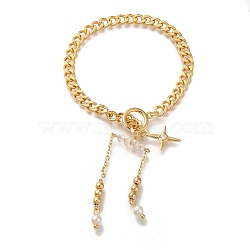 Star Brass Micro Pave Clear Cubic Zirconia Card Paper Chain Bracelets For Women, with ABS Plastic Pearl and Glass Beads, Real 18K Gold Plated, 6-1/4 inch(16cm)(BJEW-L696-032G)