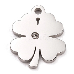 304 Stainless Steel Charms, Manual Polishing, with Crystal Rhinestone, Clover, Stainless Steel Color, 14.5x12x1.5mm, Hole:1.8mm(STAS-L245-006P)