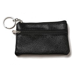 PU Leather Wallets with Alloy Zipper, Rectangle with Iron Ring, Black, 8x12x1cm(AJEW-B024-08)