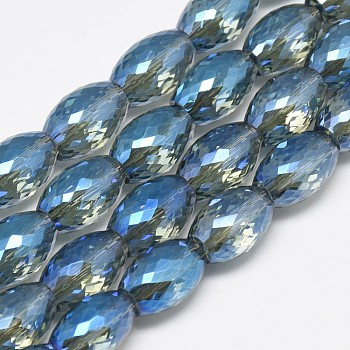 Electroplate Glass Beads Strands, Rainbow Plated, Faceted, Oval, Dodger Blue, 11~12x8mm, Hole: 1mm, about 60pcs/strand, 27.56 inch