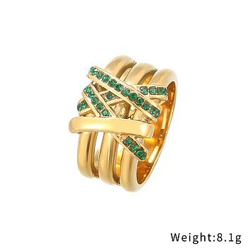 Emerald Rhinestone Wide Finger Ring, Golden Stainless Steel Ring, US Size 7(17.3mm)