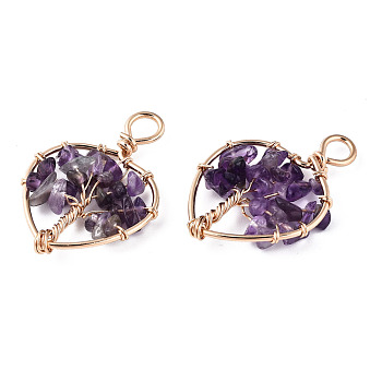 Natural Amethyst Pendants, Golden Tone Brass Wire Wrapped, Tree, Heart, 37~38.5x26~27x5.5~7.5mm, Hole: 4mm