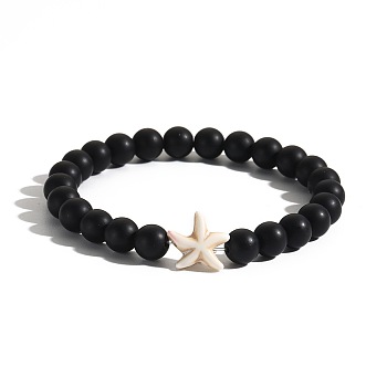 Men's Yoga Jewelry, Frosted Natural Black Obsidian Round Beads Stretch Bracelets, Starfish, Antique White