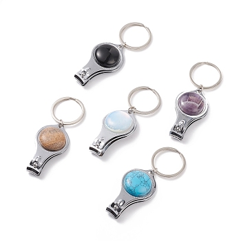 Iron Nail Iron Nail Clippers and Bottle Opener, with Natural Gemstone Cabochons, Iron Split Key Rings, 9.2cm