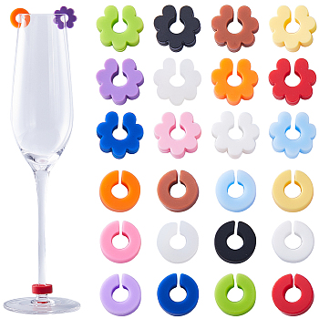 1 Set Silicone Wine Glass Charms Sets, Drink Markers, Flower & Round, Mixed Color, 17.5~20x18~21x7mm, Inner Diameter: 8mm, 24pcs/set