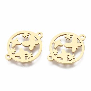 201 Stainless Steel Links Connectors, Laser Cut, Flat Round with Butterfly, Golden, 16x20.5x1mm, Hole: 1.2mm