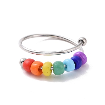 Rainbow Color Glass Beaded Rotating Open Cuff Ring, 201 Stainless Steel Wire Wrap Ring for Anxiety Stress Relief, Stainless Steel Color, US Size 8 3/4(18.7mm)
