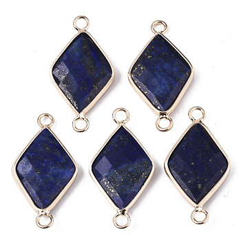 Natural Lapis Lazuli Links Connectors, with Edge Light Gold Plated Brass Findings, Faceted, Rhombus, 29~30x15x4mm, Hole: 2.5mm