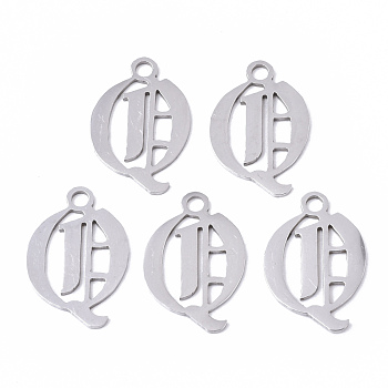 201 Stainless Steel Pendants, Laser Cut, Old English, Alphabet, Stainless Steel Color, Letter.Q, 20x14x1mm, Hole: 2mm