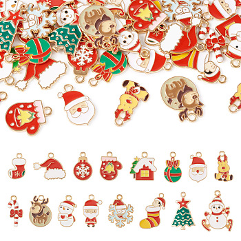 Pandahall 32Pcs 16 Styles Christmas Theme Alloy Enamel Pendants, Mixed Shapes, Mixed Color, 17.5~27x9.5~21x1~2.5mm, Hole: 1.6~2mm, 2pcs/style