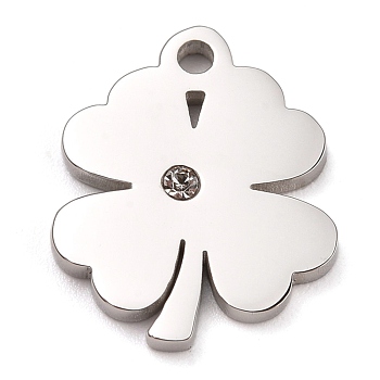 304 Stainless Steel Charms, Manual Polishing, with Crystal Rhinestone, Clover, Stainless Steel Color, 14.5x12x1.5mm, Hole:1.8mm
