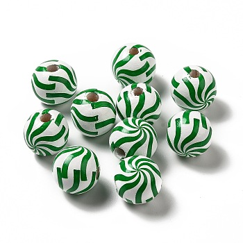 Christmas Theme Printed Natural Wooden Beads, Round with Vortex Pattern, Green, 16x14.5mm, Hole: 3.5mm