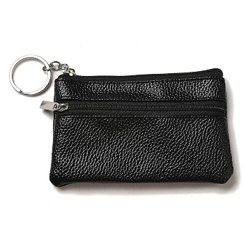 PU Leather Wallets with Alloy Zipper, Rectangle with Iron Ring, Black, 8x12x1cm