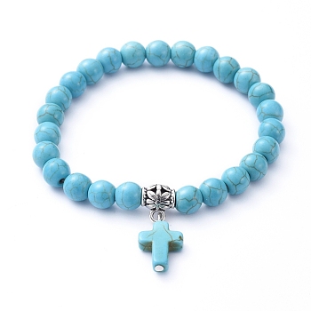 Stretch Charm Bracelets, with Synthetic Turquoise(Dyed) Beads, Tibetan Style Alloy Tube Bails, Cross, Dark Turquoise(Dyed), Inner Diameter: 2-1/8 inch(5.4cm)