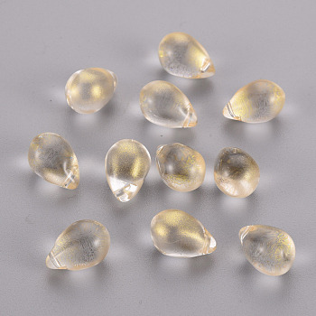 Transparent Spray Painted Glass Charms, with Glitter Powder, Teardrop, Light Yellow, 14x10x9.5mm, Hole: 1mm