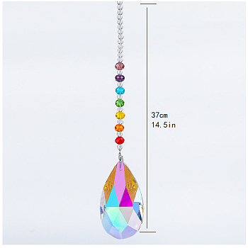 Chakra Theme K9 Crystal Glass Big Pendant Decorations, Hanging Sun Catchers, Teardrop, Colorful, 37cm