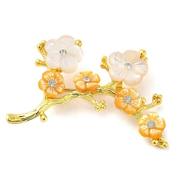 Peach Blossom Flower Natural Dyed White Shell Brooches for Women, with Real Gold Plated Brass Branch, Gold, 29x48x9.5mm