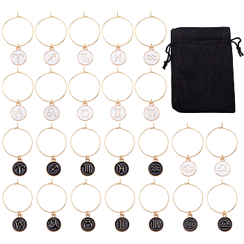 24Pcs 24 Style Alloy Enamel Wine Glass Charms, with 316 Surgical Stainless Steel Hoop Earring Findings, Flat Round with Twelve Constellation, Mixed Color, 40mm, 24pcs/set
