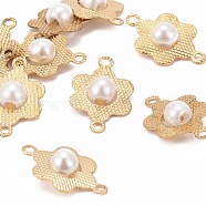 Golden Tone Brass Flower Links connectors, with ABS Plastic Imitation Pearl Beads, White, 14x9x4mm, Hole: 1~2mm(X-KK-Q576-01)