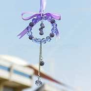 Bowknot & Ring & Ball Tassel Glass Rhinestone Pendant Decorations, for Interior Car Mirror Hanging Decorations, Dark Orchid, 154mm(AUTO-PW0001-17D)