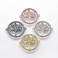 Brass Micro Pave Cubic Zirconia Links, Flat Round and Tree, Mixed Color, 19x24x2mm, Hole: 1mm(ZIRC-G095-24)