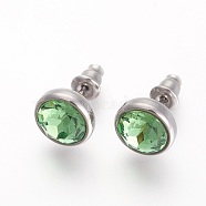 304 Stainless Steel Stud Earrings, with Rhinestone, Flat Round, Peridot, 10x6mm, Pin: 0.9mm(EJEW-F182-A09)