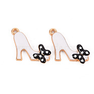 Alloy Enamel Pendants, Cadmium Free & Lead Free, Light Gold, High-Heeled Shoes with Butterfly, White, 20x20.5x2.5mm, Hole: 1.5mm(PALLOY-Q435-010B-RS)