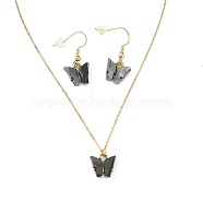 Alloy Acrylic Earrings & Necklaces Jewelry Sets, with Brass Cable Chains, Earring Hooks and 304 Stainless Steel Lobster Claw Clasps, Butterfly, Black, Necklaces: 17.71 inch(45cm), Earrings: 29mm, Pin: 0.8mm(SJEW-PH01380-04)