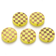 Painted Natural Wood Beads, Laser Engraved Pattern, Flat Round with Grid Pattern, Yellow, 15x5mm, Hole: 1.8mm(WOOD-N006-04E)