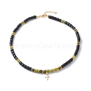 Polymer Clay Beaded Necklaces, with Brass Cross Pendant and Natural Taiwan Jade Beads, Black, 18.78 inch(47.7cm)(NJEW-JN03581-02)
