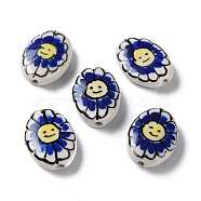 Handmade Porcelain Beads, Famille Rose Porcelain, Oval with Flower, Royal Blue, 19x14~16x5~6mm, Hole: 1.2mm(PORC-G011-04I)