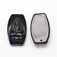 Natural Obsidian Cameo Links connectors, Buddhist Jewelry, Buddha, Black, 34~36x20~22x9~11mm, Hole: 1.5~2mm(G-K125-02E)