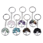 Natural Gemstone Chips Chakra Keychain, with Platinum Plated Stainless Steel Split Key Rings, Flat Round with Tree, 90mm(G-N0326-003)