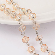 Faceted Rondelle Handmade Electroplate Glass Beads Chains, Unwelded, with Platinum Plated Brass Findings, Bisque, 39.3 inch, about 79pcs/m(AJEW-JB00130-05)