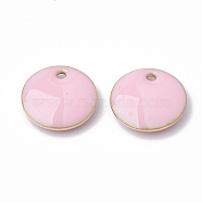 Brass Charms, Enamelled Sequins, Raw(Unplated), Flat Round, Pink, 10x2.5mm, Hole: 1mm(KK-S345-056B-08)