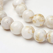 Natural Mashan Jade Beads Strands, with Gold Powder, Dyed, Round, Floral White, 10mm, Hole: 1.5mm, about 41pcs/strand, 16 inch(X-G-P232-01-F-10mm)