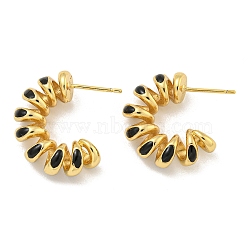 Rack Plating Brass Stud Earrings, with Enamel, Cadmium Free & Lead Free, Long-Lasting Plated, Real 18K Gold Plated, Curved line, Black, 22x7mm(EJEW-C102-41G-02)