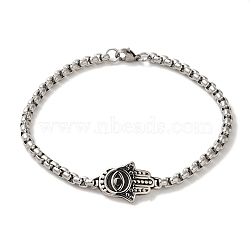 316 Surgical Stainless Steel Box Chain Hamsa Hand Link Bracelets, Antique Silver, 8-5/8 inch(22cm)(BJEW-Q349-12AS)