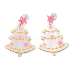 Glitter Star Christmas Tree Acrylic Dangle Stud Earrings, Alloy Jewelry for Women, White, 57x40.5mm(EJEW-L203-12A)