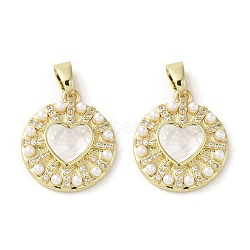 Brass Pave Shell Pendants, Heart Charms with ABS Imitation Pearl and Crystal Rhinestone, Real 18K Gold Plated, 20.5x18x3.5mm, Hole: 3x5mm(KK-I708-15D-G)