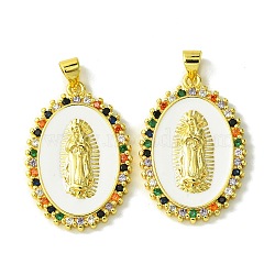 Real 18K Gold Plated Brass Micro Pave Cubic Zirconia Pendants, with Enamel, Oval & Virgin, Colorful, 30x20x3mm, Hole: 5x3.5mm(KK-H472-11G-01)