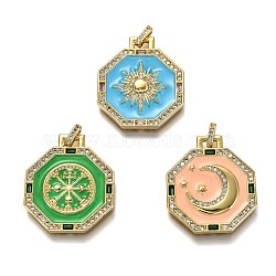 Brass Micro Pave Clear Cubic Zirconia Pendants, Long-Lasting Plated, with Jump Rings & Enamel, Real 18K Gold Plated, Octagon, Mixed Color, 29x25x2.4mm, Hole: 4.3x2.6mm(ZIRC-B0003-03G)