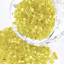 Grade A Glass Seed Beads, Hexagon(Two Cut), Silver Lined, Yellow, 1.5~2.5x1.5~2mm, Hole: 0.8mm, about 2100pcs/bag, 450g/bag(SEED-S022-04A-05)